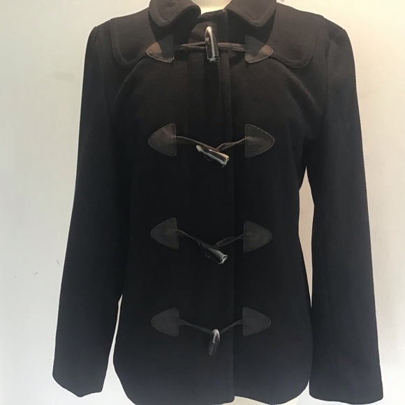 GAP Black Duffle Pea Coat Fully Lined  Horn Toggles over a full zipper Sz Medium - Picture 3 of 13